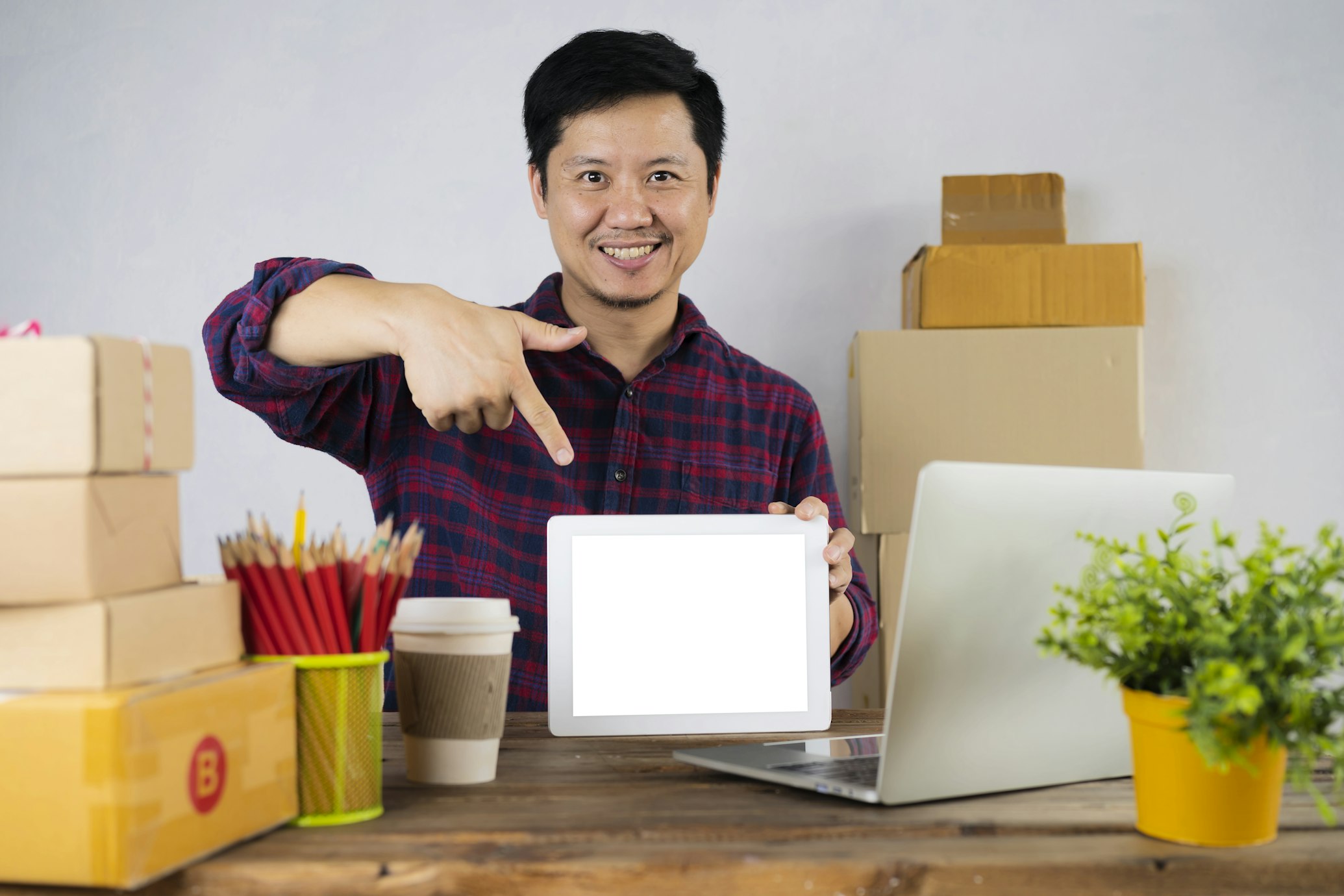Man pointing to a product